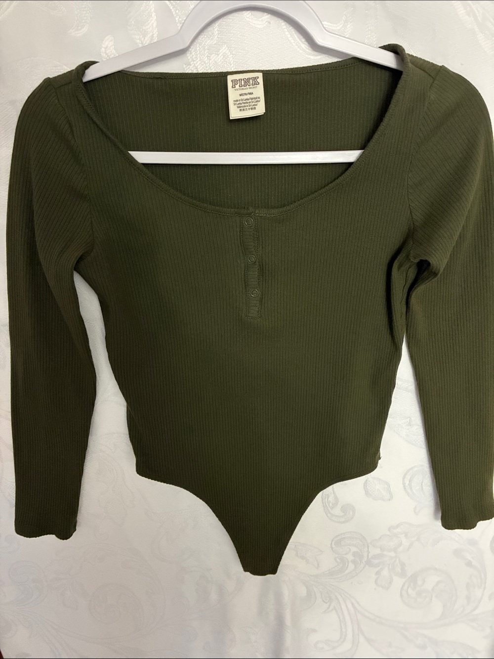 PINK Victoria's Secret Olive Ribbed Long-Sleeve Scoop Henley Bodysuit